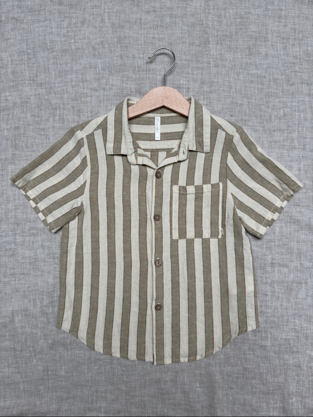 Rylee + Cru Boys 4/5 Linen Beige and Olive Stripe Short-Sleeve Button-Up